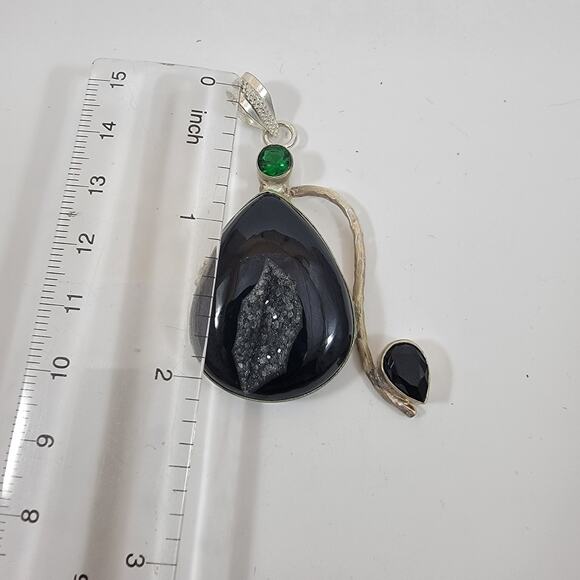 Handmade Silver Pendant with Black Druzy Agate, Onyx & Green Quartz - Picture 2 of 10